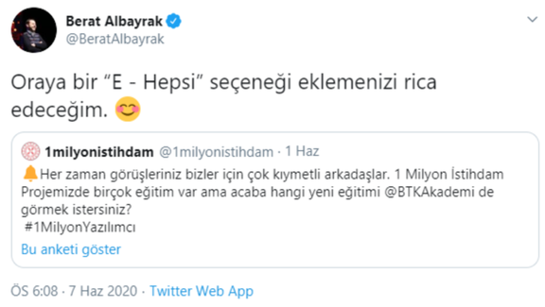 Bakan Albayrak o soruya Twitterdan yanıt verdi: Oraya bir “E - Hepsi” seçeneği eklemenizi rica edeceğim