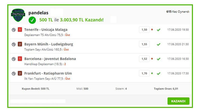 Basketbol iddaa kuponu yaptı, 615 kişiye kazandırdı 3.003 TL de kendi kazandı...