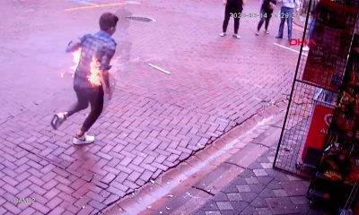 Zeytinburnu’ndaki patlamanın ardından alevler içinde kalan kişi kamerada